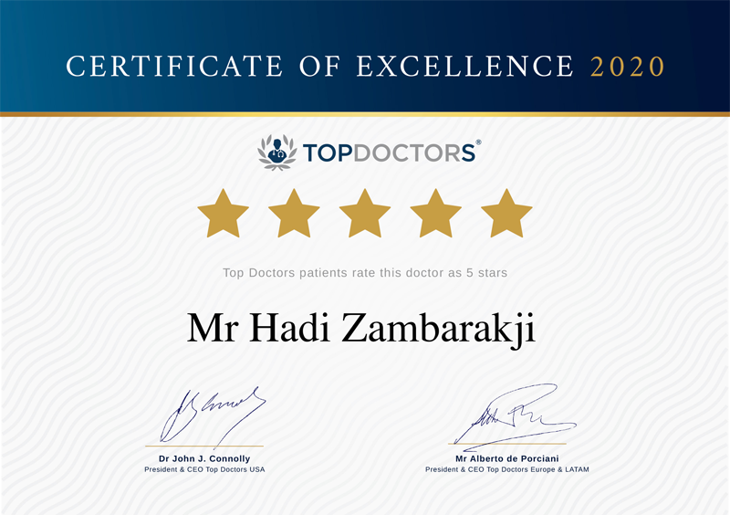 Hadi Zambarakji Top Doctors Certificate of Excellence